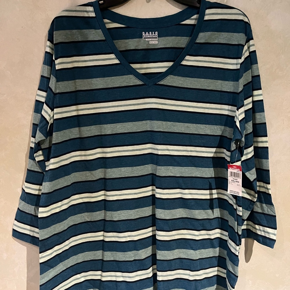 Basic Editions Women's Long Sleeve V-Neck Striped Tee in Teal, Light Blue, White